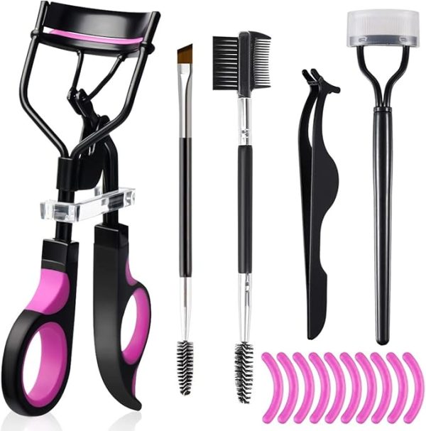 Eyelash Curlers Eyebrow Brush Kit for Women w Lash Curler, Eyelash Comb Seperator, Mascara Brushes, Eyelash Extension Tweezers, Angled Eyebrow Brush and Comb, 10 Silicone Refills Pads for Lash & Brow